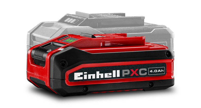 Батерия Einhell Power X-Change с капацитет 4.0 Ah е показана в цвят на преден план, със сива батерия на заден план.